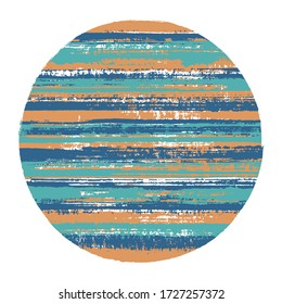 Rough circle vector geometric shape with striped texture of paint horizontal lines. Old paint texture disc. Badge round shape circle logo element with grunge background of stripes.