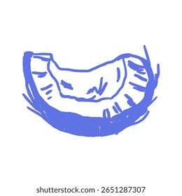 Rough coconut slice drawing sketch in tropical style. Tropical fruit food line art icon. Hand drawn doodle vector outline for packaging, healthy branding, summer clipart.