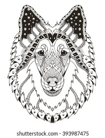 Rough collie dog head zentangle stylized, vector, illustration, freehand pencil, hand drawn, pattern. Zen art. Ornate vector. Lace. 