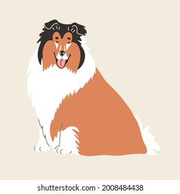 Rough collie. Vector illustration. Flat style. Isolated on light background. Fanny animals, doglover, breads, home pats, four-legged friend. Design for pins, stickers, zoo, pet shop.