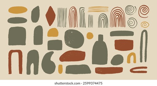 Rough contemporary figures silhouette set. Circle, pebble and boholines, arch. Abstract japandi decor. Vector geometry shapes zen aesthetic. Hand drawn organic element illustration beige background.