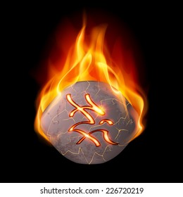 Rough and cracked stone with magic rune in orange flame