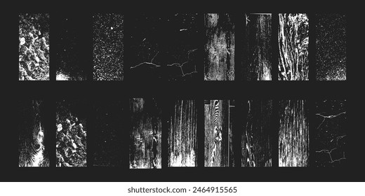 Rough and cracked textures of wood walls and stones set, Natural textures of different surfaces, grunge filters overlay. Vector grainy patterns.