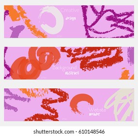 Rough crayon texture purple orange banner set.Hand drawn textures creative abstract design. Website header social media advertisement sale brochure templates. Isolated on layer