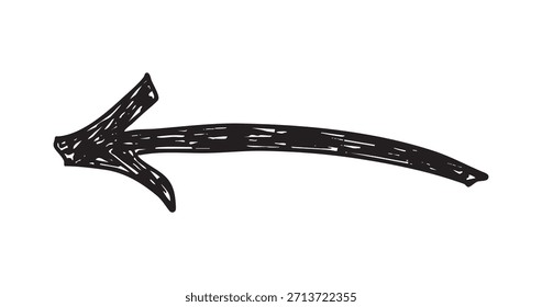 Icono de flecha negra curva y áspera dibujada en un estilo esbozado y garabateado, apuntando a la izquierda. Excelente para la navegación casual, regresar o enfatizar los Elementos.
