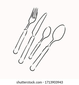 Rough Cutlery Illustration - Brown handmade illustration of cutlery isolated on white background. Cutlery fork and knife, vector sketch illustration