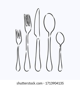 Rough Cutlery Illustration - Brown handmade illustration of cutlery isolated on white background. Cutlery fork and knife, vector sketch illustration