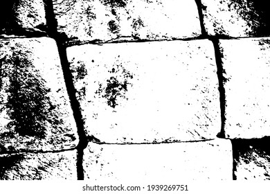 Rough and dark stone structure, black and white vector texture. Noisy weathered stone brick wall vector texture. Black and white stone bricks. Obsolete stone wall. Grungy brickwork trace monochrome