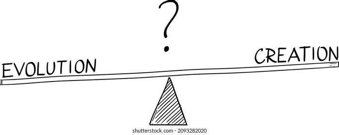 Rough Doodle Vector cartoon drawing of evolution and creation on simple balance scales. Evolutionism versus creationism. Religion against science.