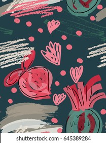 Rough doodled strawberries.Abstract seamless pattern. Universal bright background for greeting cards, invitations. Had drawn ink and marker watercolor texture.