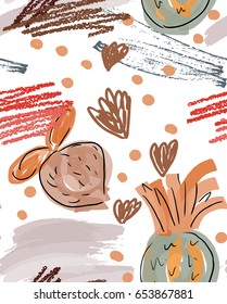 Rough doodled strawberries.Abstract seamless pattern. Universal bright background for greeting cards, invitations. Had drawn ink and marker watercolor texture.