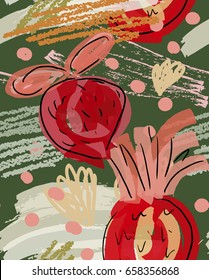 Rough doodled strawberries.Abstract seamless pattern. Universal bright background for greeting cards, invitations. Had drawn ink and marker watercolor texture.