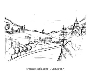 Rough draft of small Georgian town street, buildings and trees against mountains on background. Landscape with settlement located near hills hand drawn in monochrome colors. Sketch vector illustration