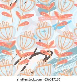 Rough drawn flower.Abstract seamless pattern. Universal bright background for greeting cards, invitations. Had drawn ink and marker watercolor texture.