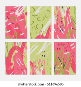 Rough drawn scribbles dots and circle abstract floral.Hand drawn creative invitation or greeting cards template. Anniversary, Birthday, wedding, party, social media banners set of 6. Isolated on layer