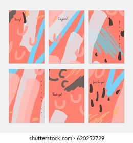 Rough drawn scribbles dots and circles.Hand drawn creative invitation or greeting cards template. Anniversary, Birthday, wedding, party, social media banners set of 6. Isolated on layer.