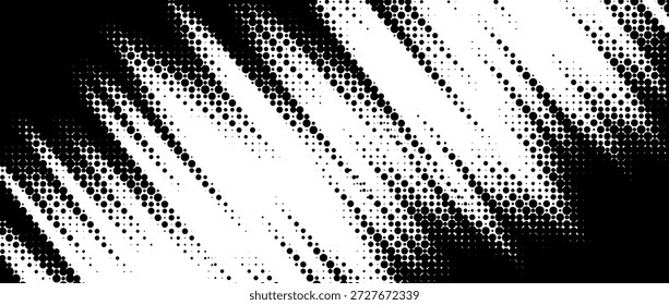 Fondo de semitono dinámico áspero. Efecto de patrón diagonal punteado en blanco y negro. Abstractas Fondo de pantalla de rayas de arañazo dentado. Plantilla de diseño de Anuncio deportivo. Telón de fondo de líneas de velocidad cómicas de Grunge. Vector
