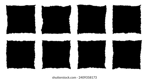 Rough edge rectangle shape collage. Paper torn, jagged edge rectangle frame set. Grunge, old vintage black border collage. Black ripped papers silhouettes. Vector illustration.
