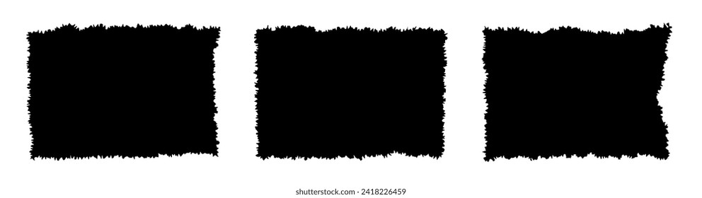 Rough edge rectangle shape collage. Paper torn, jagged edge rectangle frame set. Grunge, old vintage black border collage. Black ripped papers silhouettes. Vector illustration.