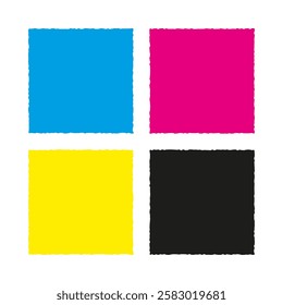 Rough edge square shape CMYK icons. A quartet of colourful squared symbols. Isolated on a white background.