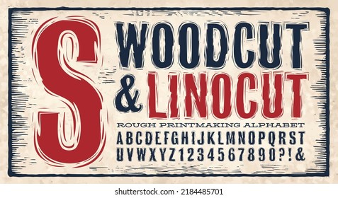 A rough edged alphabet that carries the effect of two traditional printmaking techniques: woodcut printing and linoleum cut printing.