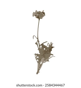 Rough edges brown dried floral silhouette. Boho minimalist wild flower stamp. Botanical rustic element isolated on white background.