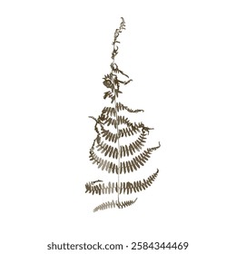 Rough edges dried fern brown silhouette. Boho minimalist forest leaf stamp. Botanical rustic element isolated on white background.