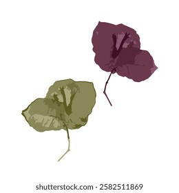 Rough edges dried magenta and yellow Bougainvillea silhouette. Boho minimalist wild flower stamp. Abstract botanical rustic element isolated on white background.