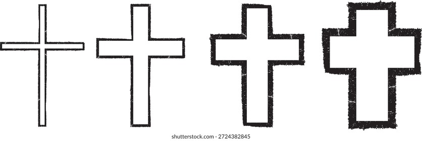 Bordes rugosos Religión Conjunto de cruces . Christian cruza la colección de pequeño a audaz. Vector