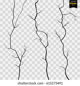 Rough Effect, Cracks, Surface, Break Or Destruction. Wall Cracks Vector. Transparent Checkered Background.