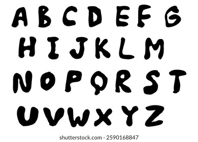 Rough english latin abc alphabet font with digits and symbols handwritten A to Z set. Vector illustration in black doodle style isolated on white back. For logo, kids book, card, typography, menu.