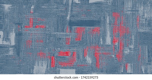 Tela dura, lienzo azul. Golpes rojos en el material de los jeans. Pintura abstracta, textura de rayado cruzado, fondo vectorial ondulado