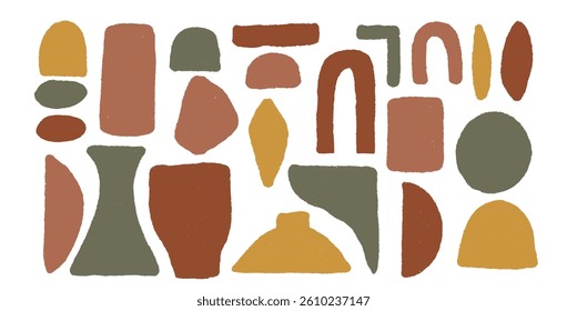Rough figures silhouette set. Circle, rectangle and corner, arch. Abstract japandi decor. Vector geometry shapes boho aesthetic. Hand drawn organic element illustration on white background.