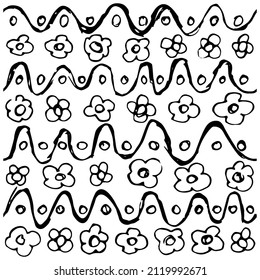 Rough floral geometric black and white pattern. Freehand cartoon vector sketch with flowers, circles and wavy lines, isolated on transparent background