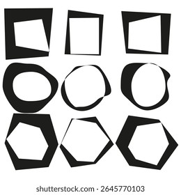 Rough frame collection. Distressed edge shapes. Imperfect border Vector. Uneven line art.