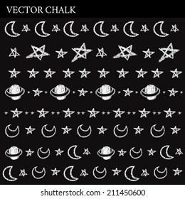 Rough freehand Hand Drawn Chalk Borders Clip art with space stars and planets. Vector birthday scribbled chalkboard background. Chalk Borders Set. 
