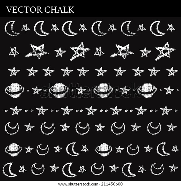 Rough freehand Hand Drawn Chalk Borders\
Clip art with space stars and planets. Vector birthday scribbled\
chalkboard background. Chalk Borders Set.\
