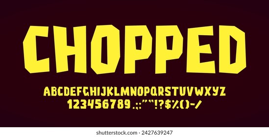 Rough fun font, cartoon cutout type or English alphabet for snack food, vector typeface. Bold letters font with chopped or cut out typography for text letterpress with yellow comic print alphabet