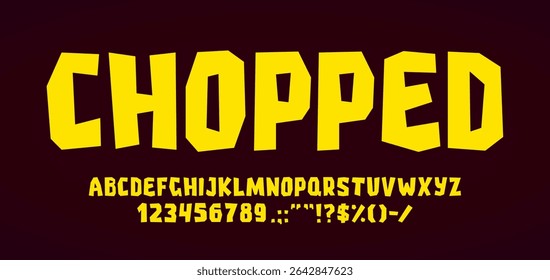 Fonte divertida áspera, tipo de recorte de desenho animado ou alfabeto inglês para lanches, tipo de fonte vetorial. Fonte em negrito com tipografia cortada ou recortada para carateres de texto com alfabeto de impressão em quadrinhos amarelo