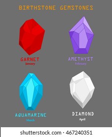 Rough Gem Stones, Gems And Mineral Crystal Vector Illustration, Birthstone Gemstones