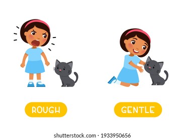 ROUGH and GENTLE antonyms word card, Opposites concept. Flashcard for English language learning. Little dark skin girl and cute kitten