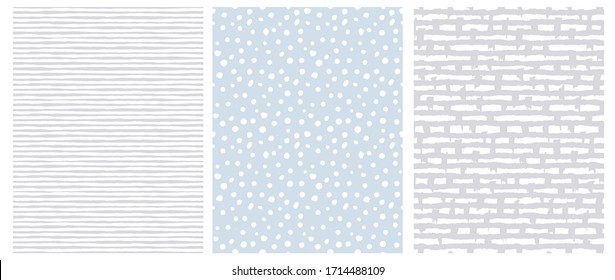 Rough Geometric Seamless Vector Pattern Set. Polka Dots, Grunge Jagged Lines and Horizantal Stripes on a Light Blue and Gray Background. Simple Pastel Color Infantile Style Repeatable Print. 