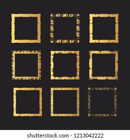 Rough gold grunge Japanese square frames set. Golden foil ink torn box. Vector isolated background.