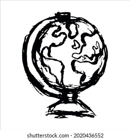 Rough grunge black and white globe sketch. Vector linear doodle of the earth sphere layout