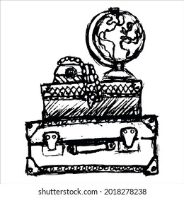Esbozo vectorial en blanco y negro grueso de un montón de maletas y un globo en la parte superior, aislado en fondo blanco. Icono lineal simple. Concepto de viajes