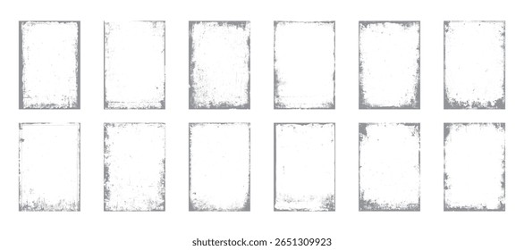 Coleção de quadros grunge áspero com bordas retangulares vintage sujas. Abstrato pacote de textura angustiada sobre fundo branco. Conjunto de modelos de design de borda usado.
