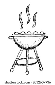 Rough grunge freehand pencil drawing of fuming grill. Vector black and white sketch of barbecue grill