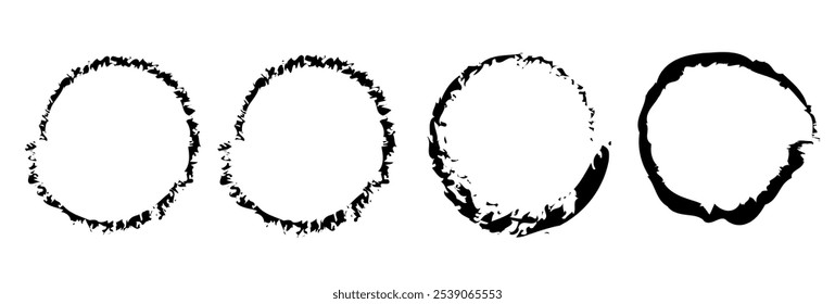 Rough grunge ink brush circle style vector illustration isolated on transparent background. Set of black paint brush stroke borders.