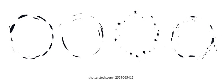 Rough grunge ink spots circle style vector illustration isolated on transparent background. Set of black paint brush stroke borders.