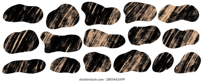 Rough grunge organic blob with cutout texture for collage and sticker poster. Irregular squishy shape with paint brush grain on white. Vector set of grunge textured papercut elements and organic form.